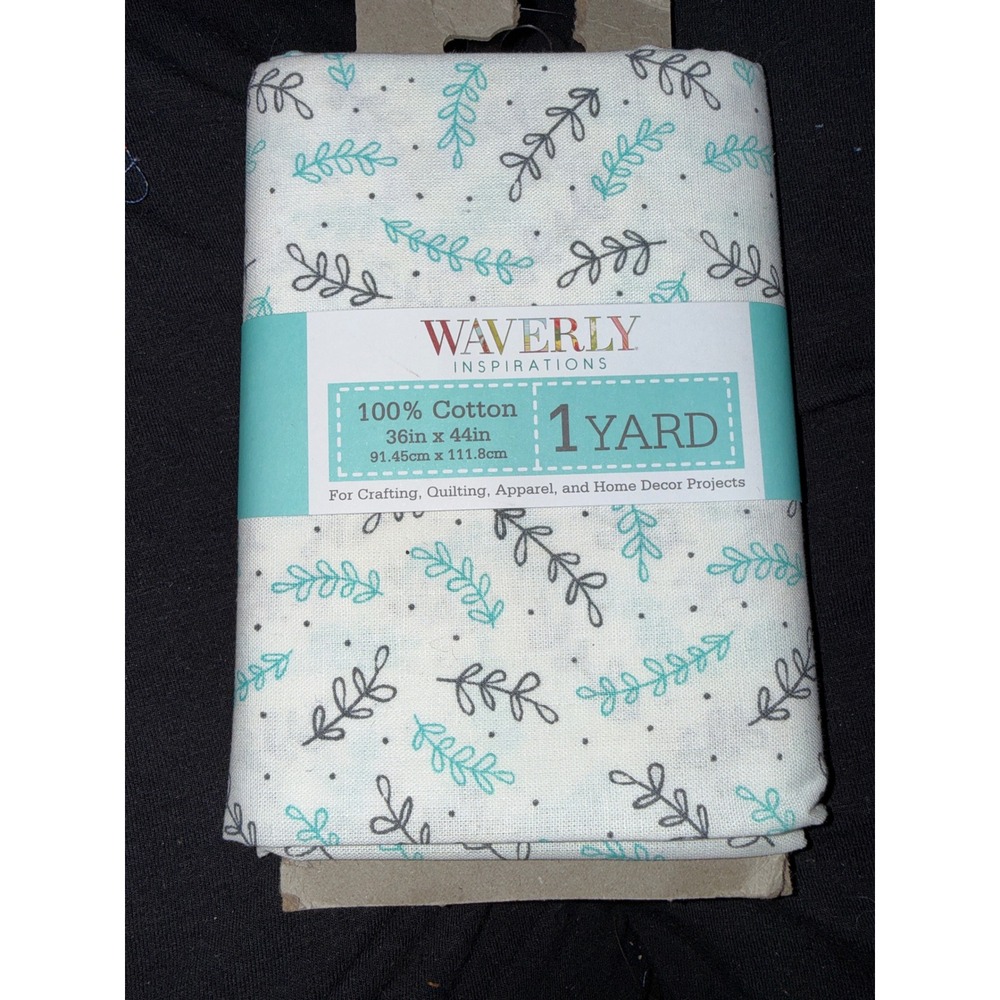 Waverly Fabric Precut 1 Yard White Aqua NWT Cotton Leaf Print Crafting Quilting